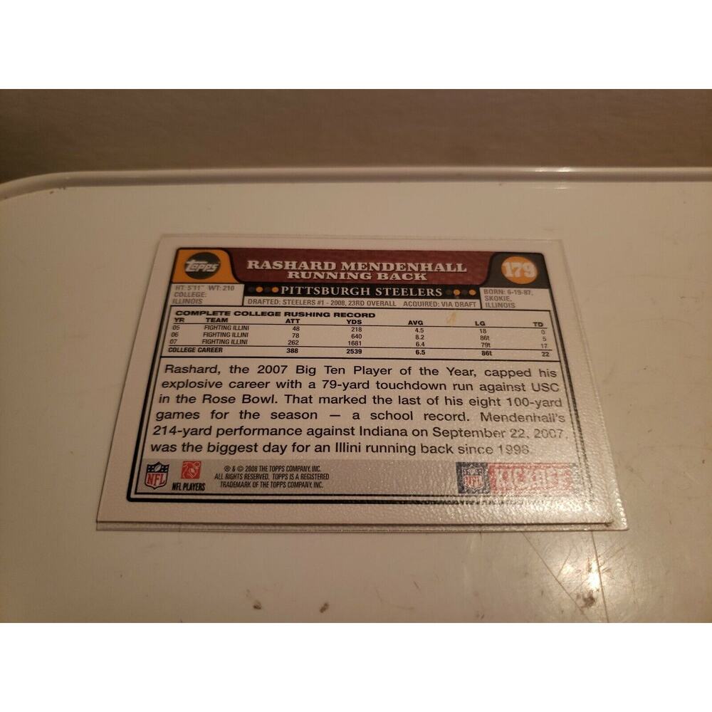 Rashard Mendenhall 2008 Topps #179 - Rookie Card - Pittsburgh Steelers - NFL - Picture 2 of 3